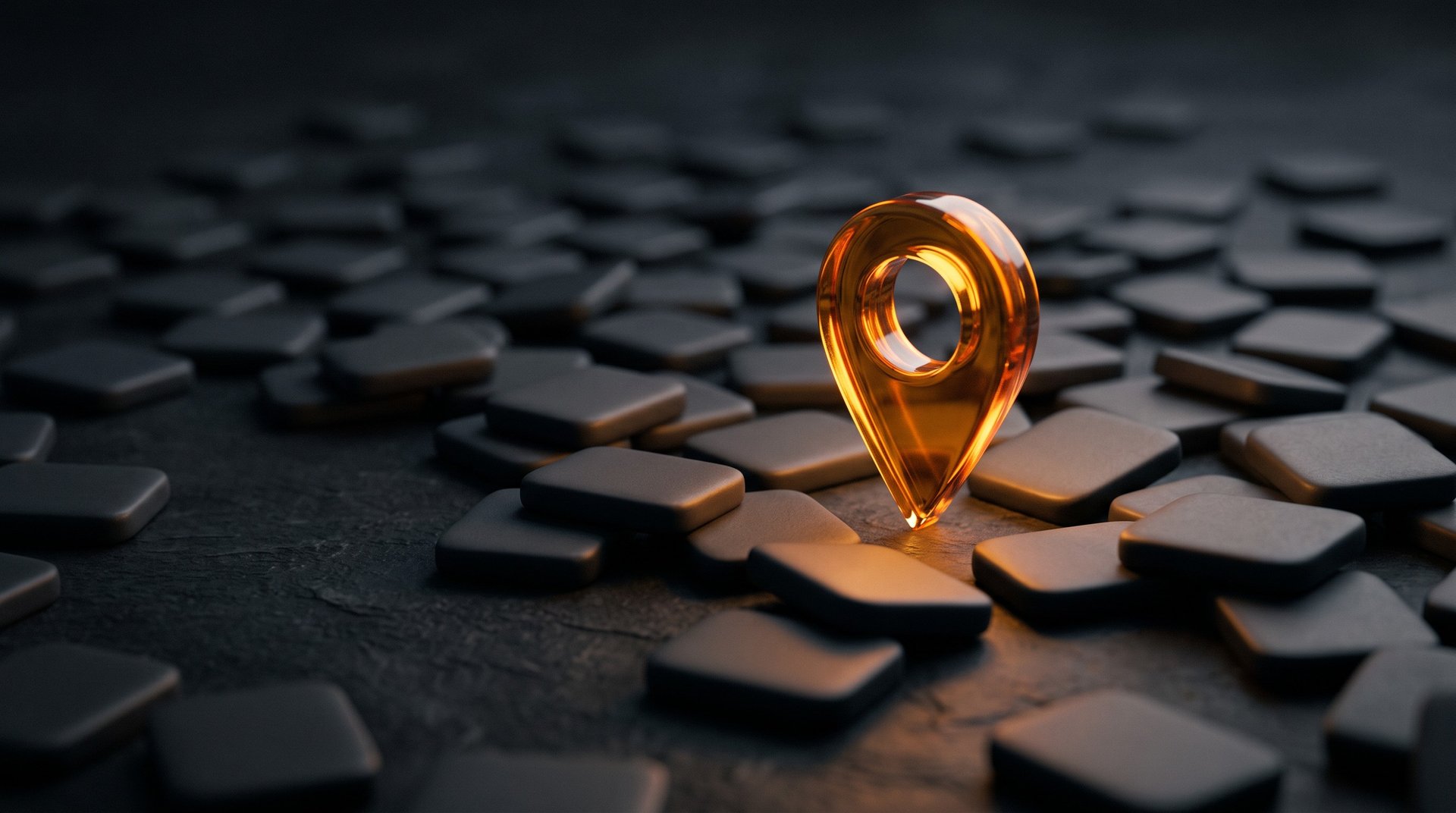 A glowing amber map-location pin standing upright among dozens of dark grey tiles on a dark surface