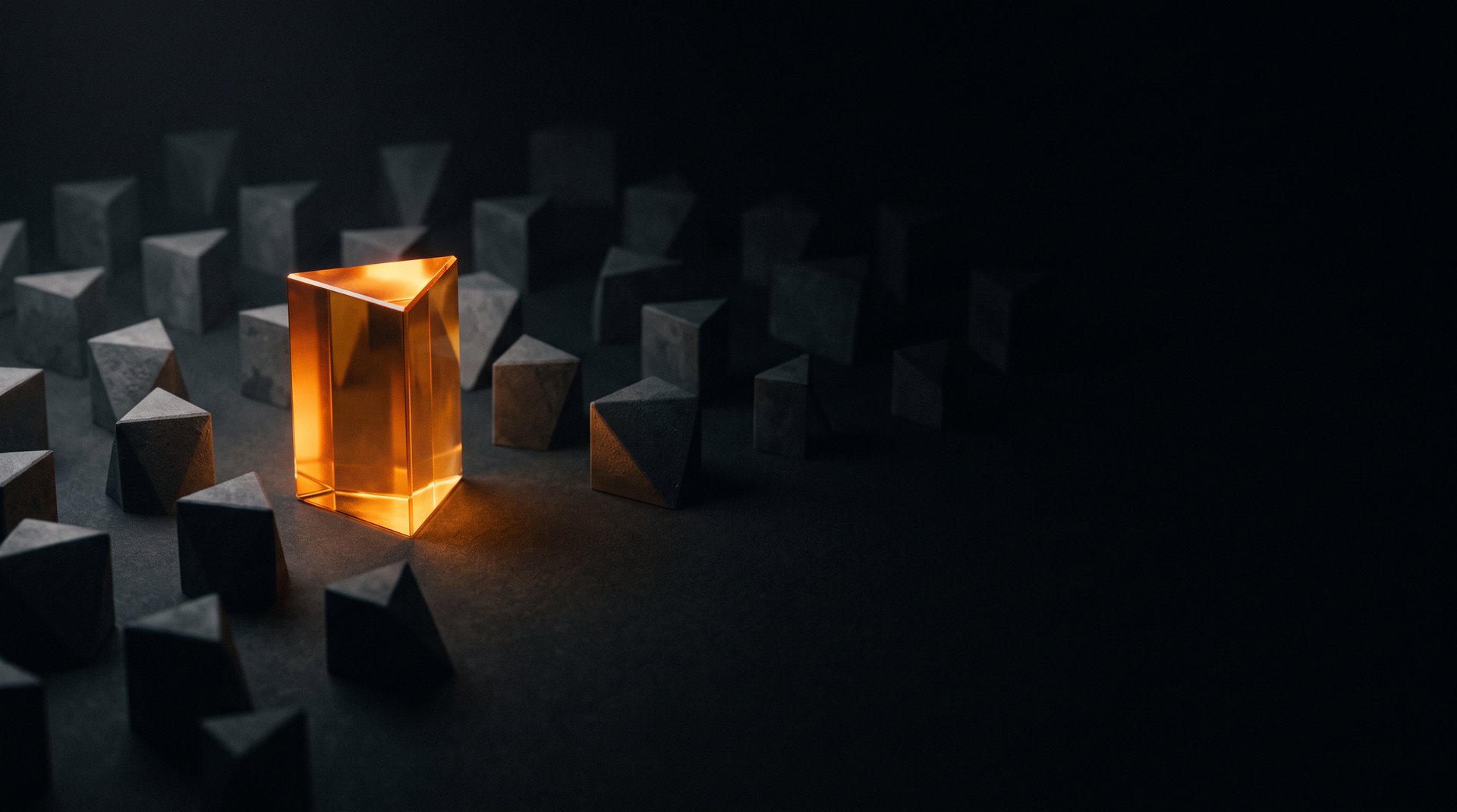 One glowing amber prism among dozens of dim grey shapes on a dark background — the one that stands out