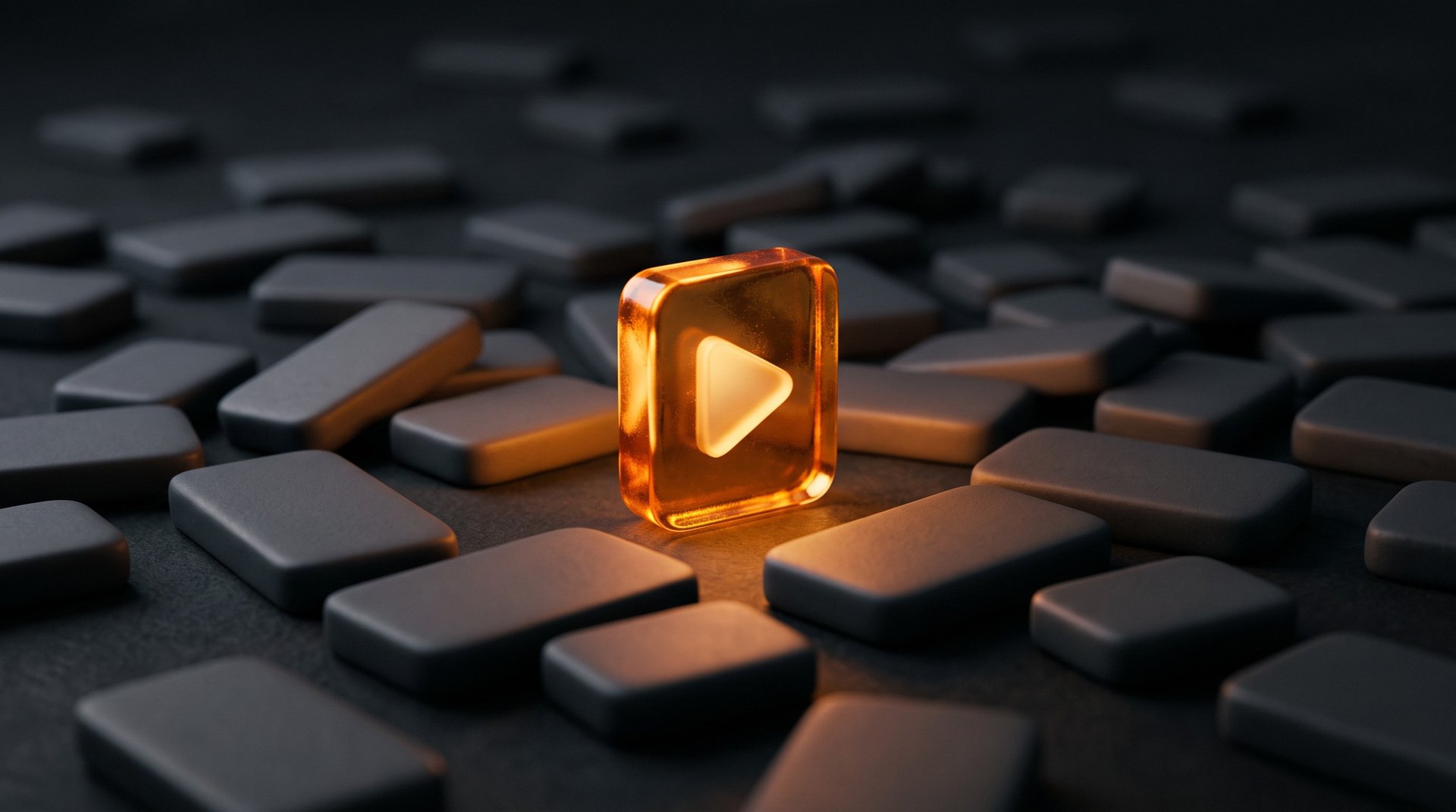 A glowing amber play-button tile standing out among dozens of dark grey tiles on a dark surface